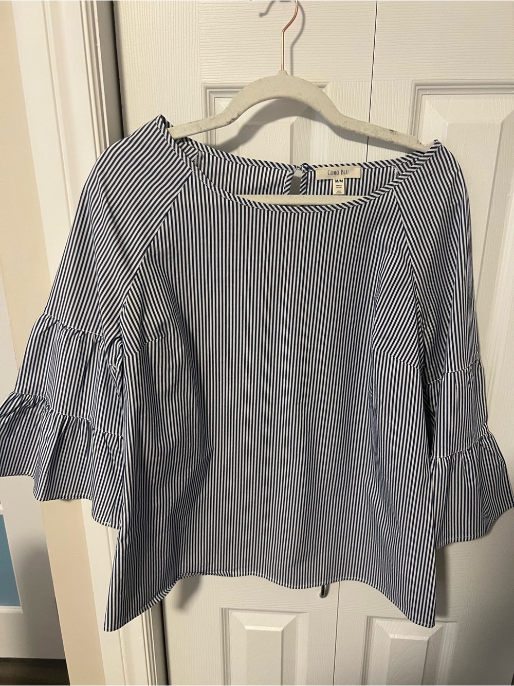 Como Blu Navy & White Striped Ruffle-Sleeve Blouse